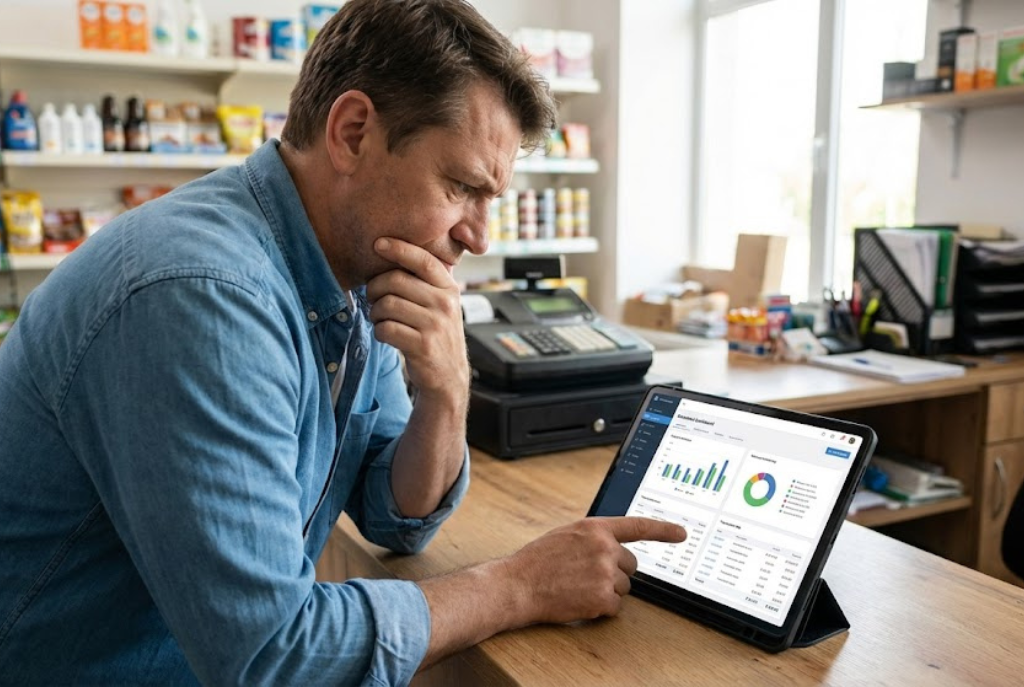 Small business owner checking AI bookkeeping results before approving them]