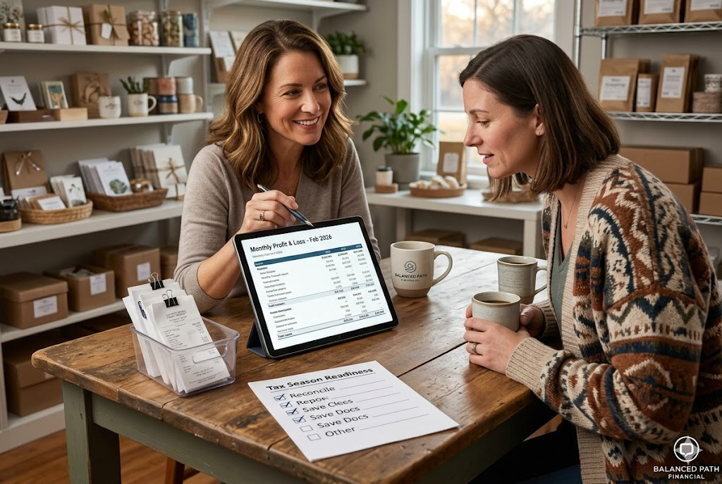 Small business owner getting bookkeeping help for tax-ready books