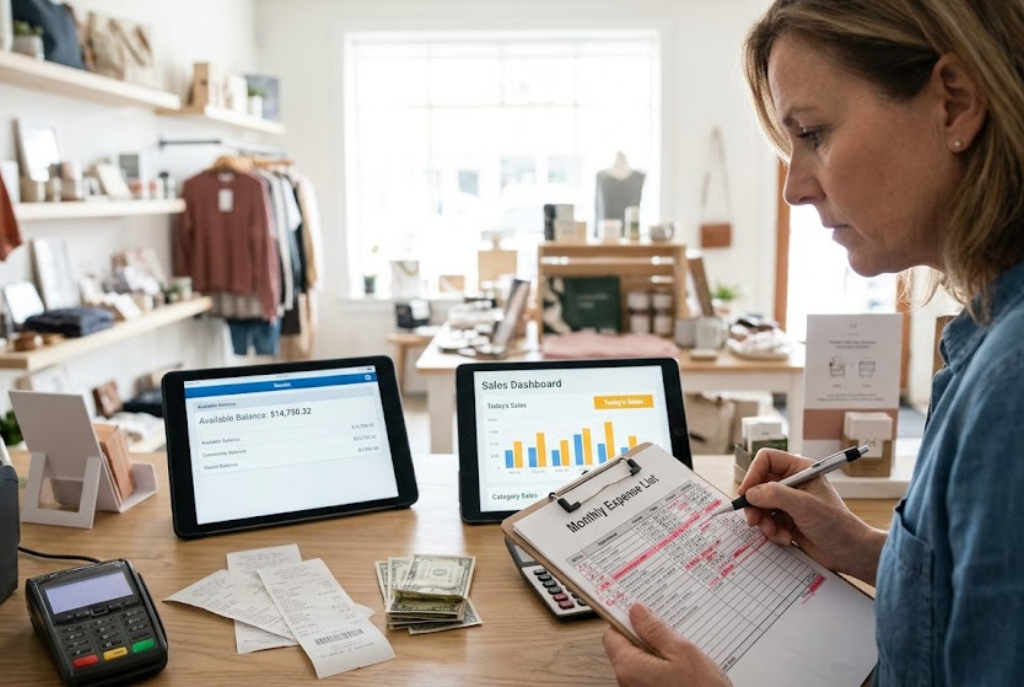 Small business owner reviewing cash flow and pricing decisions Small business owner reviewing cash flow and pricing decisions