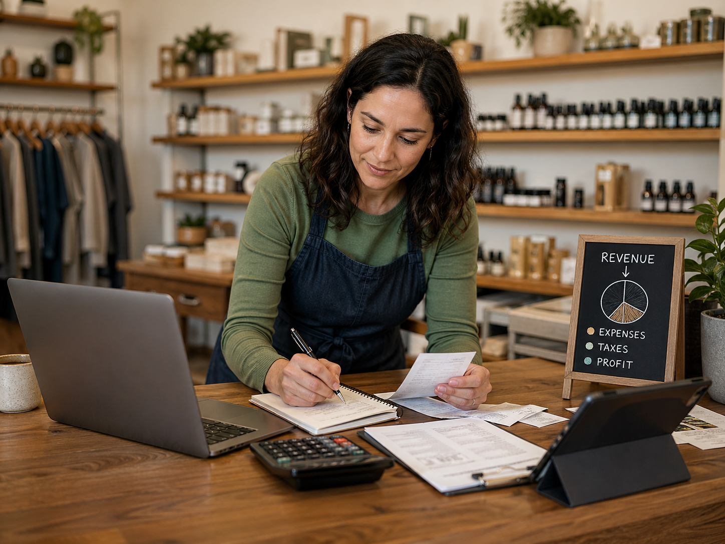Small business owner reviewing revenue allocation for expenses taxes and profit