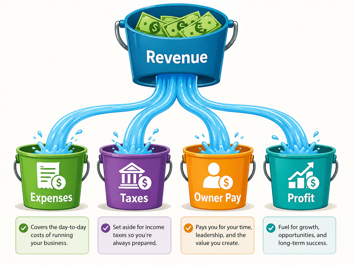 Small business revenue allocation buckets for expenses taxes profit and owner pay