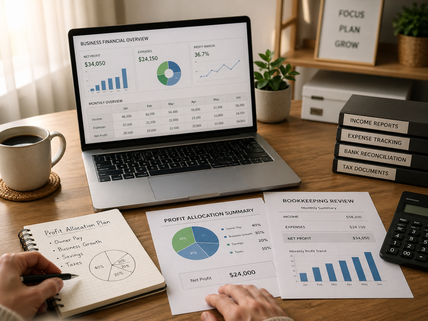 IMAGE IDEA: Calm desk setup with lSmall business owner reviewing profit allocation and bookkeeping reports