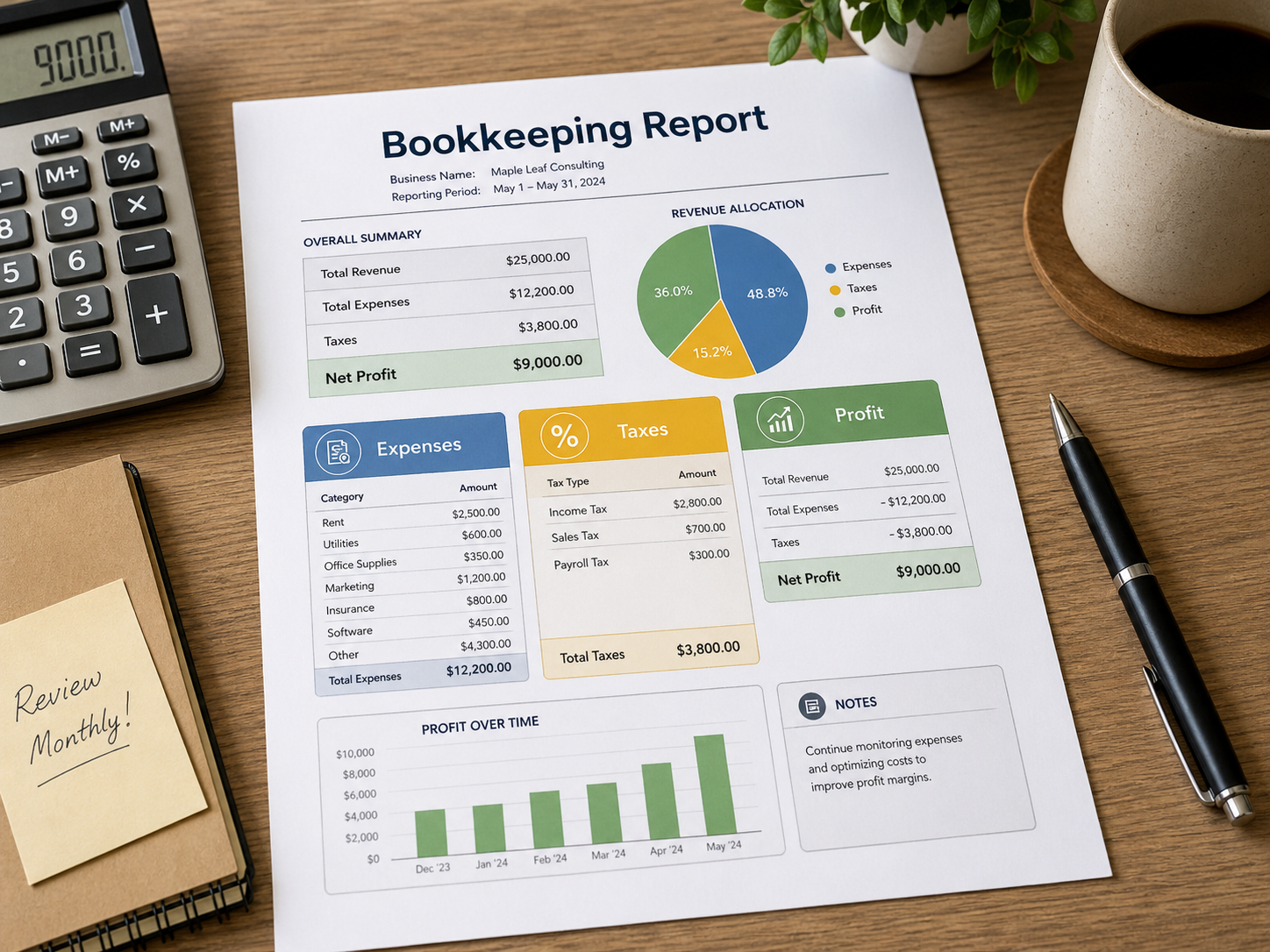 IMAGE IDEA: Bookkeeping report with highlighted expense Bookkeeping report showing small business revenue allocation categories