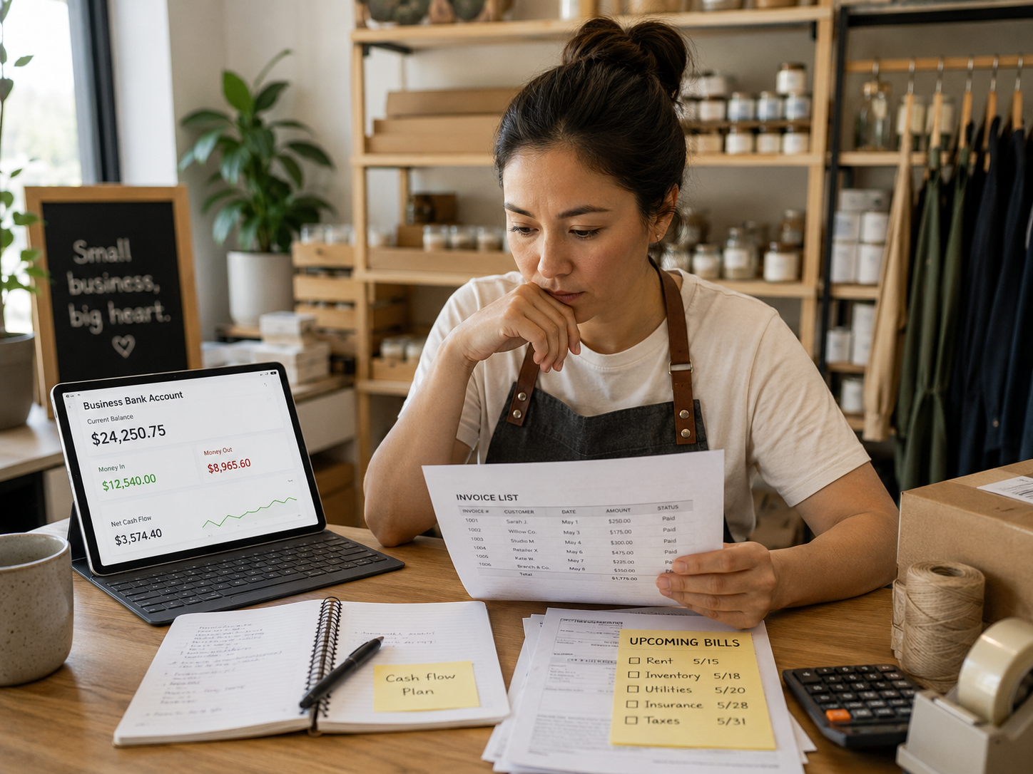 Small business owner reviewing cash flow gap between sales and bills Small business owner reviewing cash flow gap between sales and bills