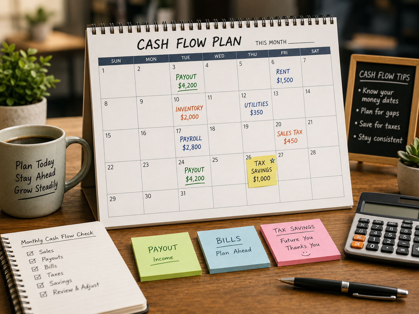 Cash flow calendar showing business income and bill timing Cash flow calendar showing business income and bill timing