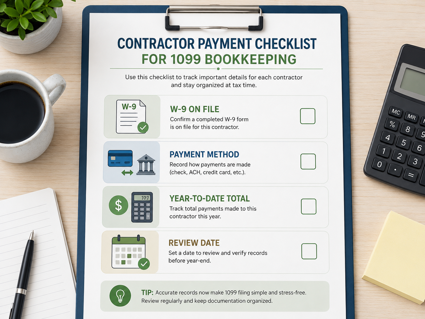 Contractor payment checklist for 1099 bookkeeping