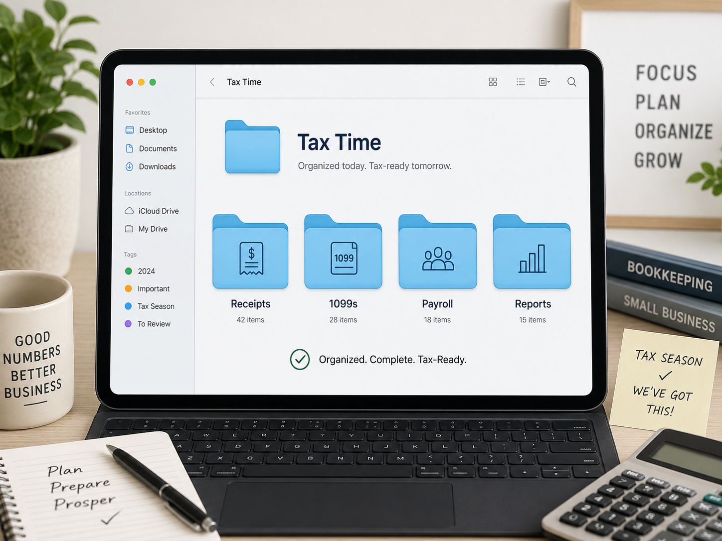 Organized tax documents folder for small business bookkeeping