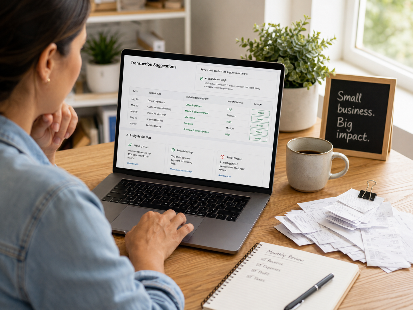 Small business owner reviewing AI bookkeeping suggestions Small business owner reviewing AI bookkeeping suggestions