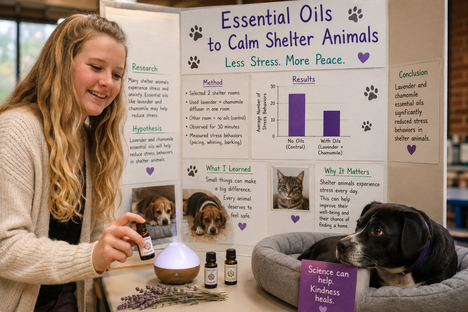 Lily's science fair project on calming shelter animals with essential oils
