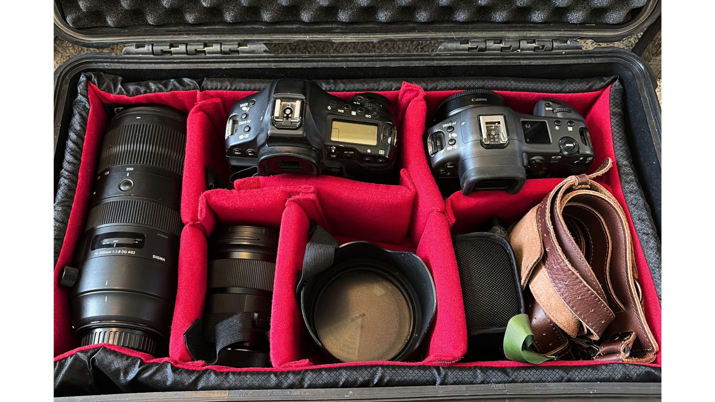 Professional rodeo photography cameras and lenses packed inside a camera bag