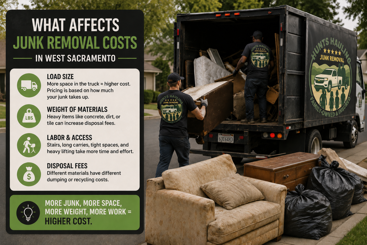 An infographic titled "What Affects Junk Removal Costs in West Sacramento" by Hunts Hauling Junk Removal. The left side lists cost factors—Load Size, Weight of Materials, Labor & Access, and Disposal Fees. The right side shows two workers loading a wooden dresser and a mattress into a branded moving truck, with an old armchair, dresser, and trash bags sitting on the curb.