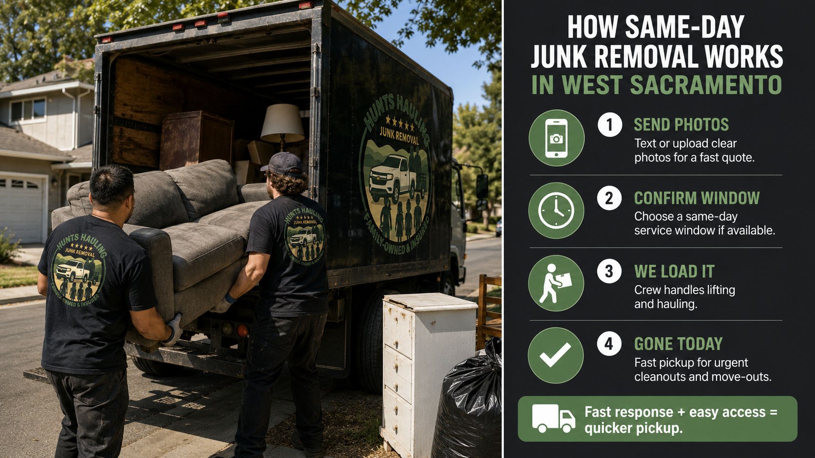 Same-day junk removal crew loading a couch into a Hunt’s Hauling truck in West Sacramento with steps for fast local pickup.
