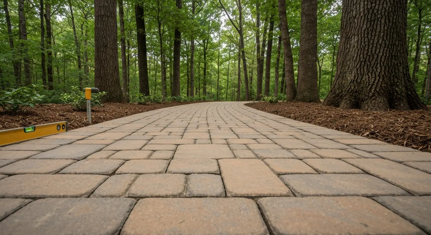 Custom paver walkway through wooded landscape