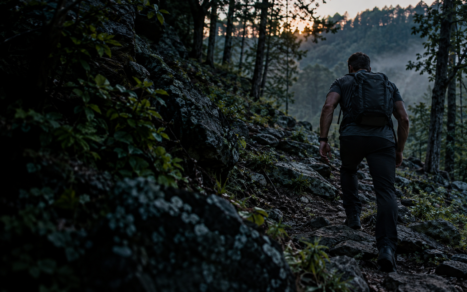 Man hiking up a rocky forest trail at first light