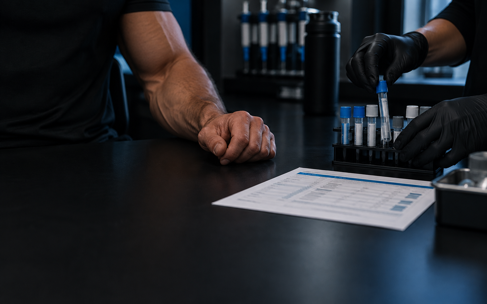 Blood sample tubes and a lab results sheet on a clinic desk