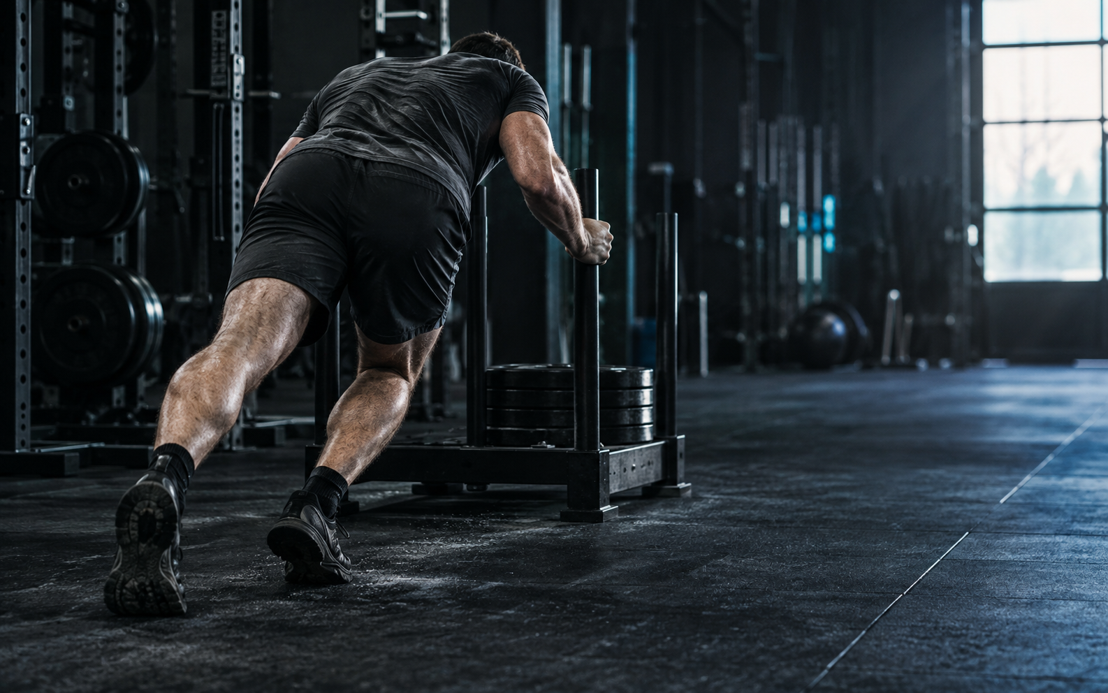 Athlete driving a weighted sled across a dark gym floor