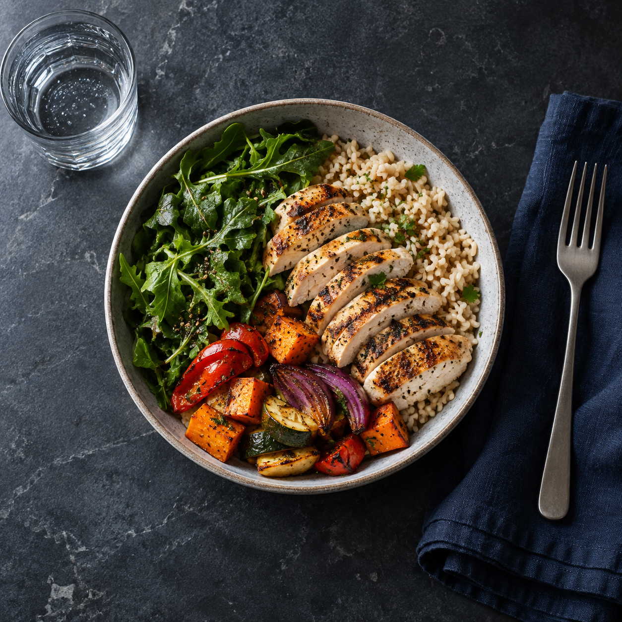 Balanced meal with grilled chicken, rice and vegetables on a dark table
