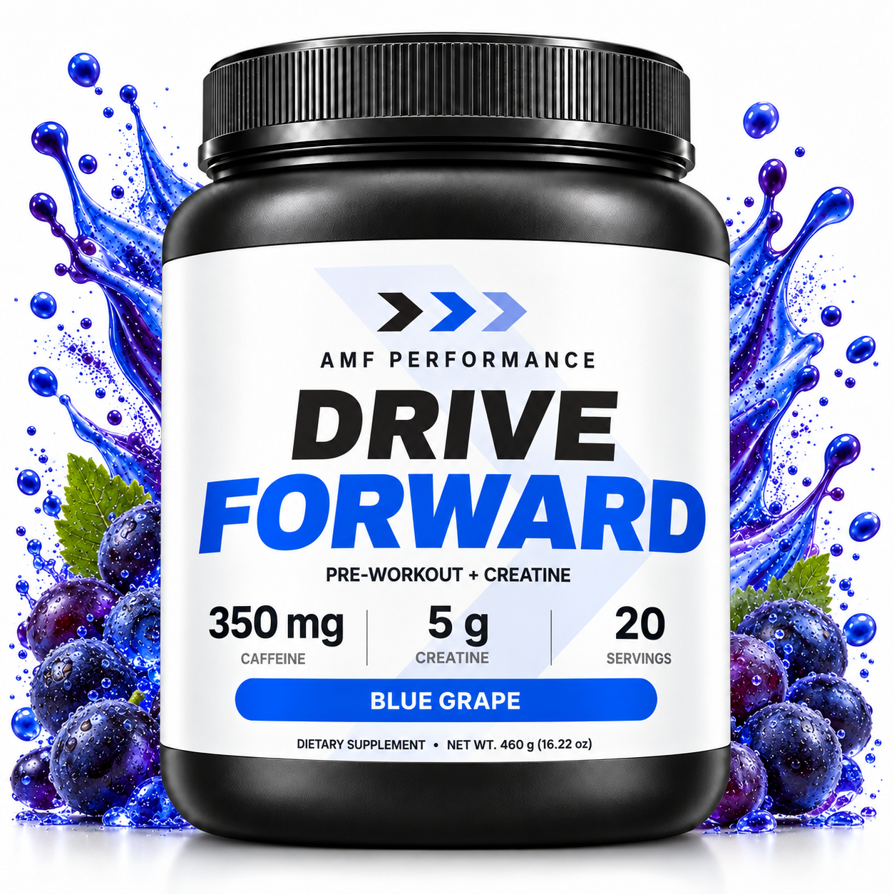 AMF Drive Forward Blue Grape pre-workout with 350 mg caffeine and 5 g creatine