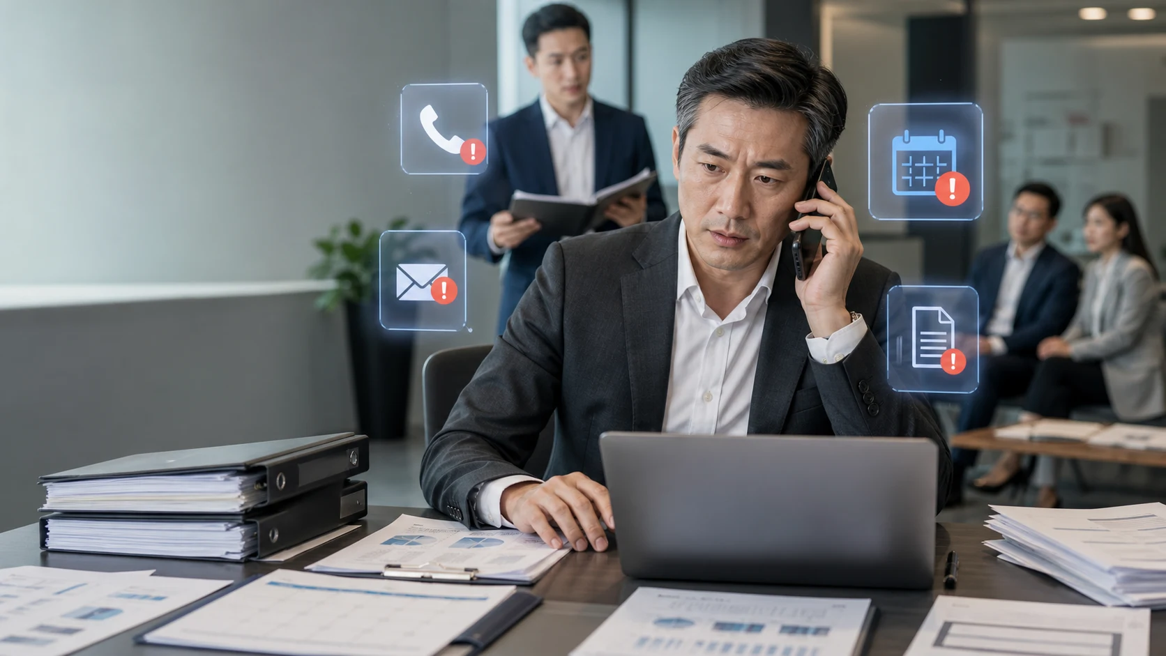 A business owner stuck on the phone at a desk buried in ring binders and paperwork, colleagues waiting behind him, while alerts stack up for a missed call, an unread email, a clashing calendar entry and an unsigned document
