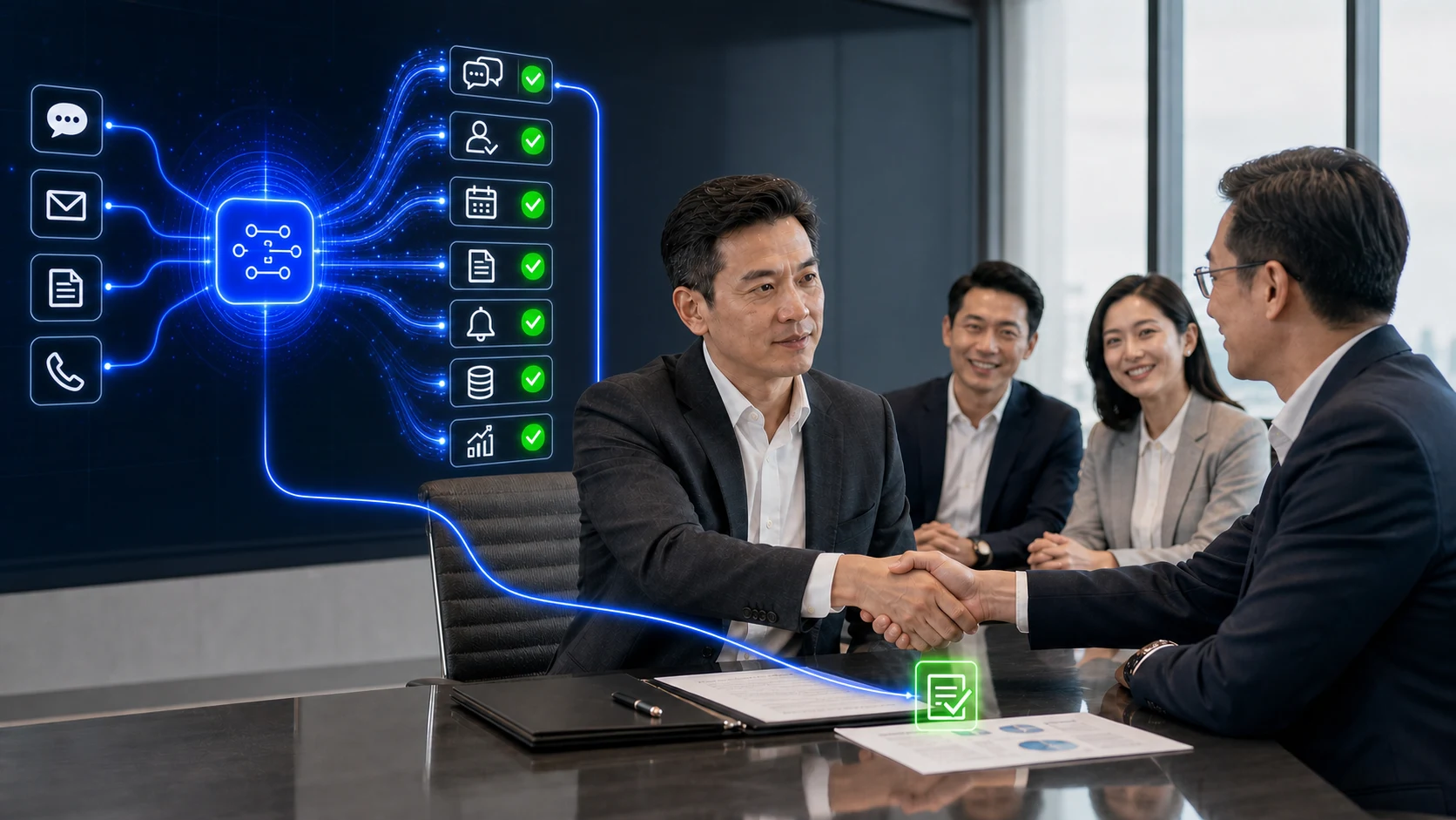 The same owner shaking hands with a customer across the table, beside a screen showing messages, email, documents and calls all routing through one hub into completed ticks