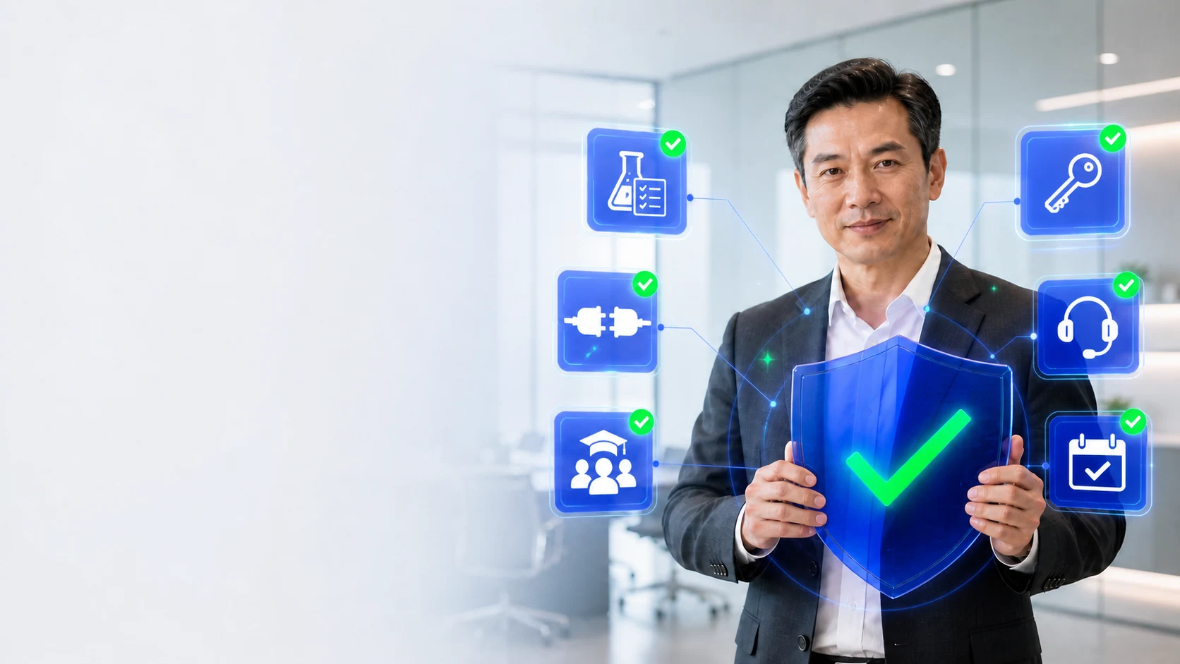 The same business owner standing in a bright open-plan office, holding a cobalt shield marked with a green tick