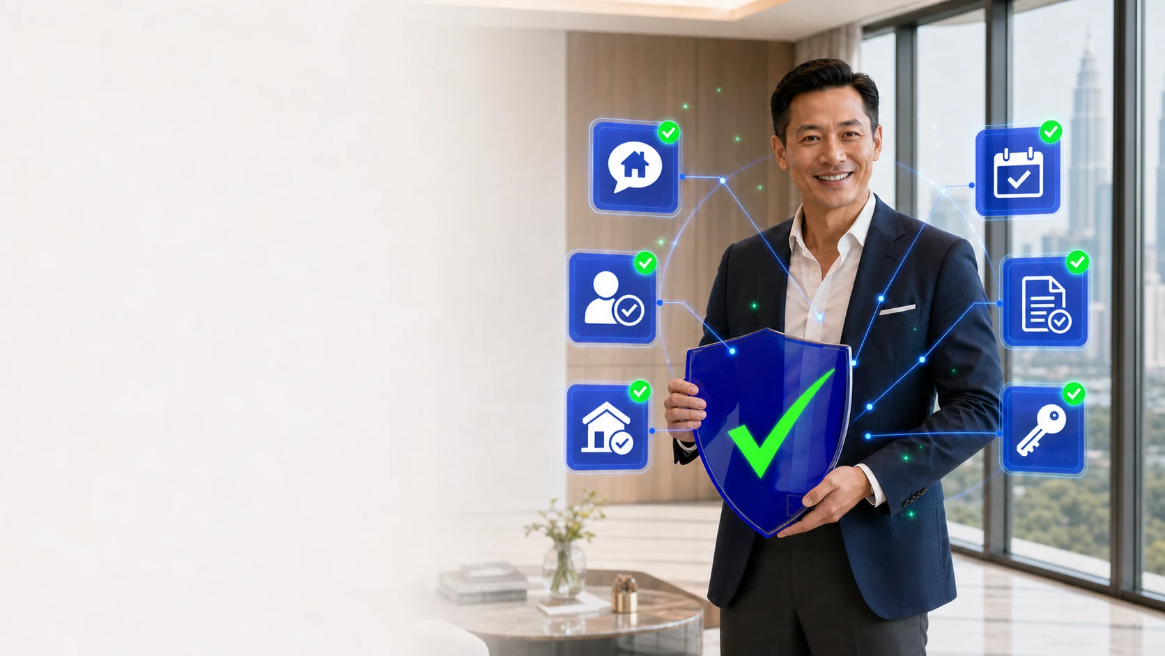 A property manager standing above the city holding a cobalt shield marked with a green tick, with floating cards for fees, arrears, tickets, contractors, notices and reportingt, shortlists, candidate records, integrations, training and support