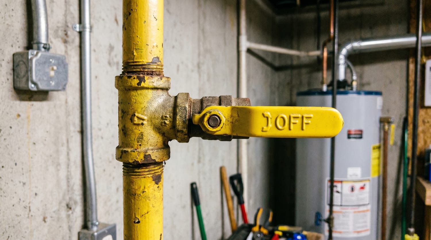 Gas shut-off valve on the pipe behind an appliance