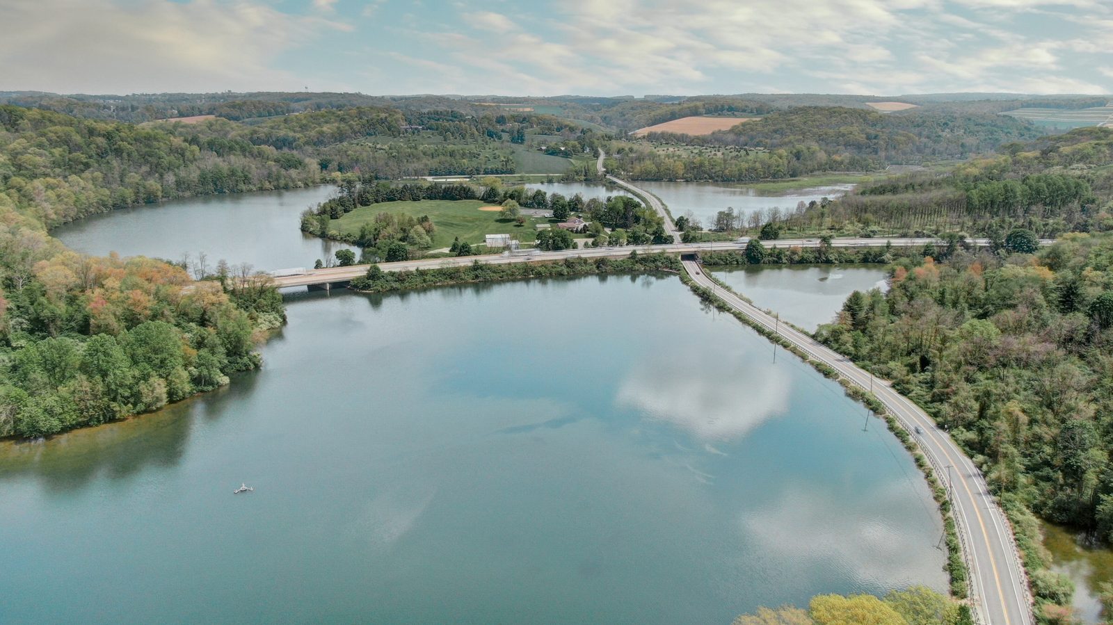 Aerial photo of Lake Redman beside Interstate 83 in fall, York County, PA