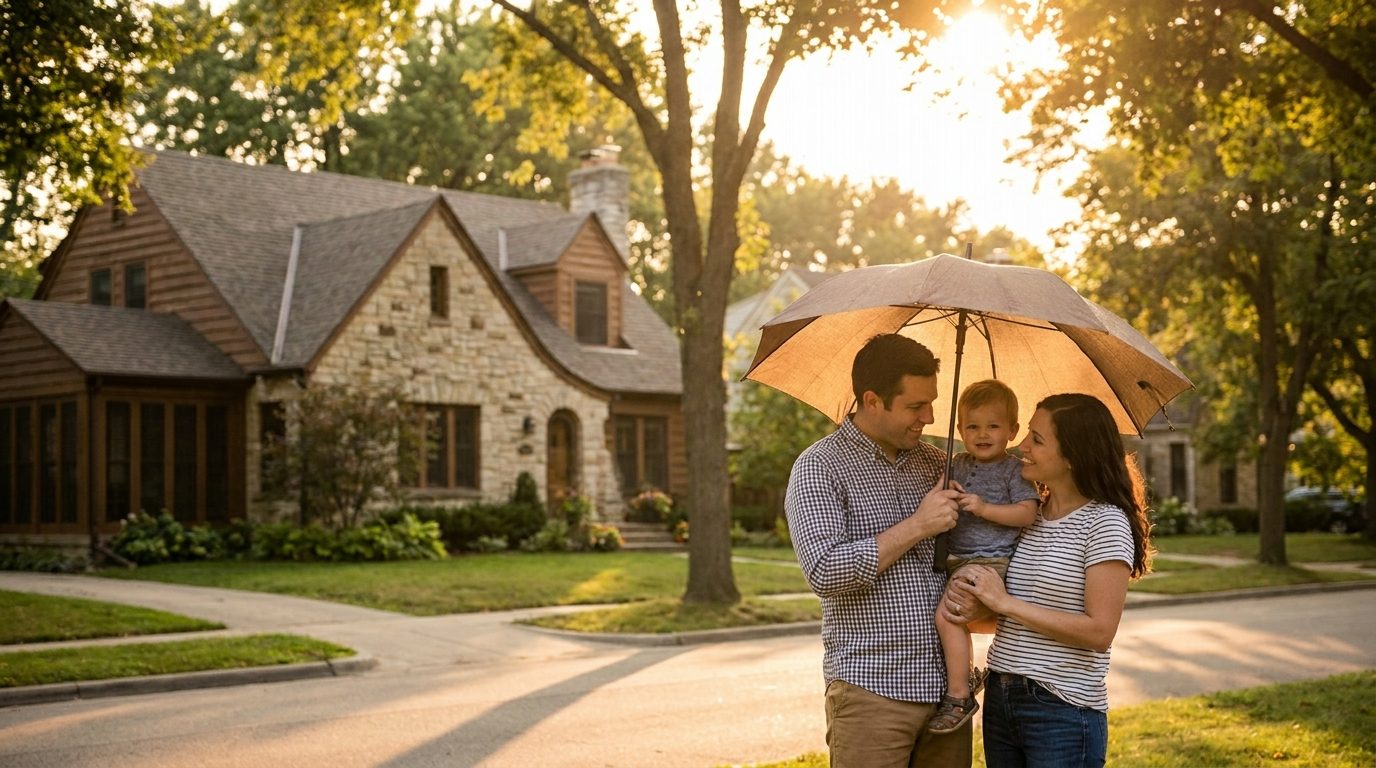 Family standing under an umbrella in front of their home