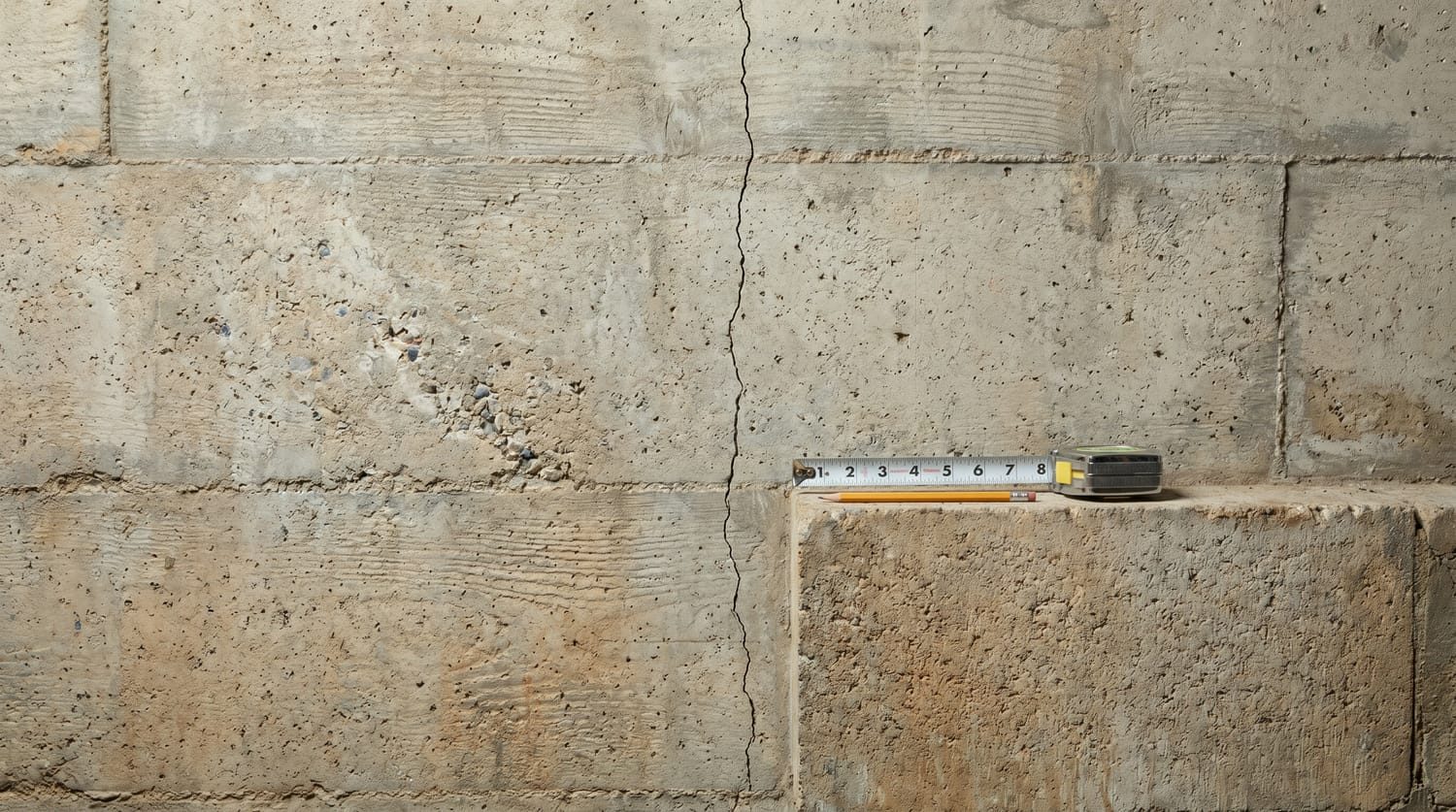 Vertical hairline crack in a poured concrete basement wall