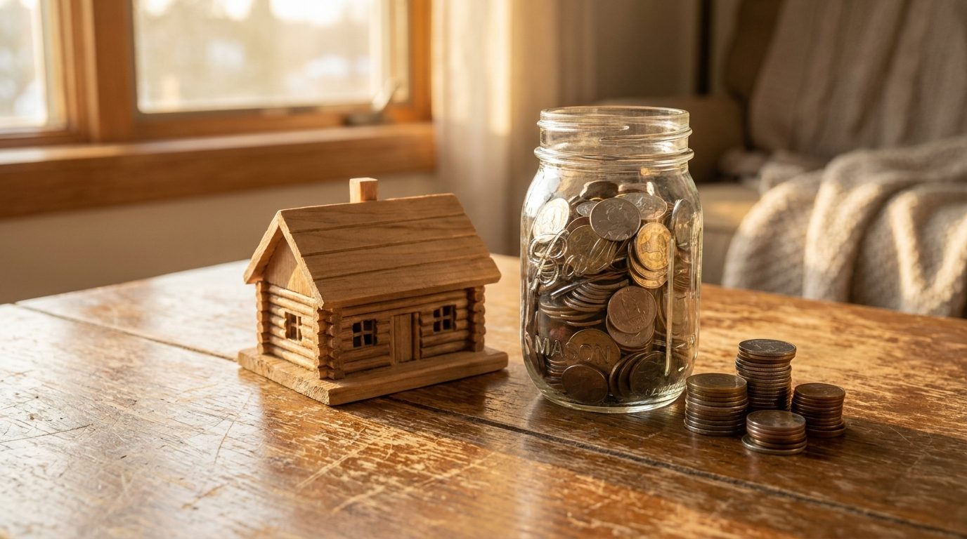 Coin jar next to a small house model