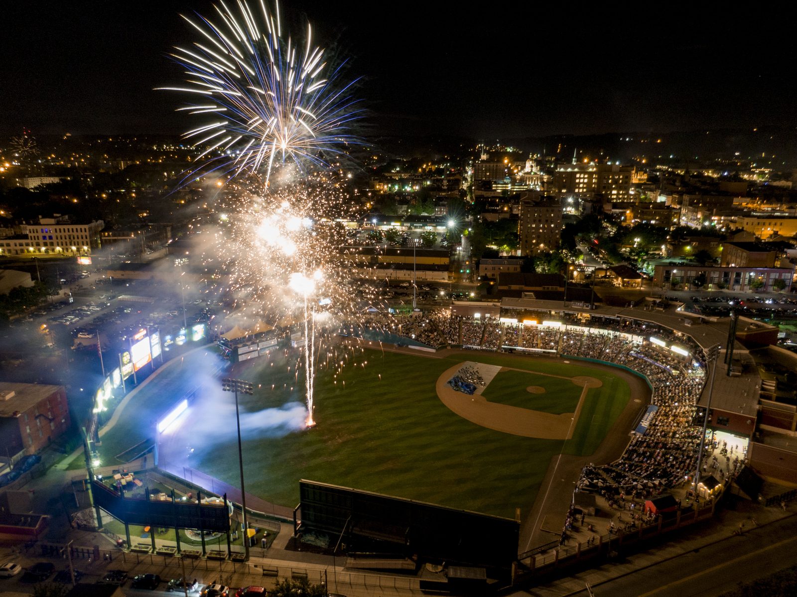 Aerial photo of Fourth of July fireworks over WellSpan Park in York, PA