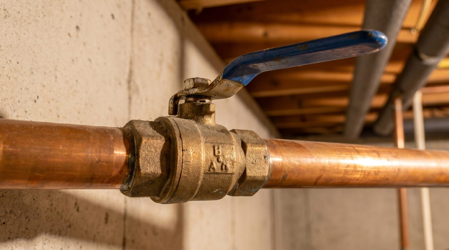 Main water shut-off ball valve on the supply line entering a basement