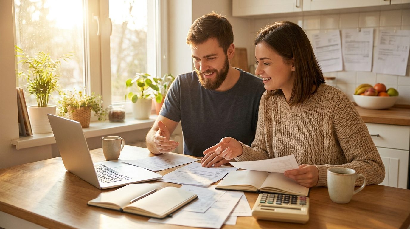 Couple reviewing a mortgage statement at a kitchen table