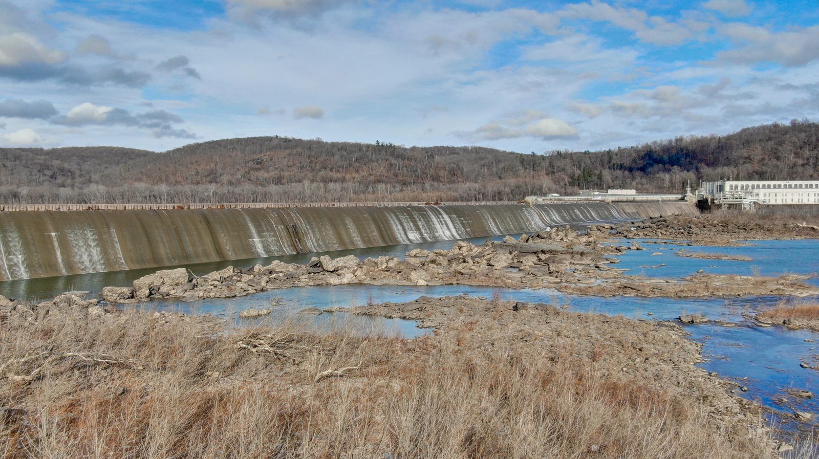 Aerial photo of the rapids at the foot of Holtwood Hydroelectric Dam on the Susquehanna River