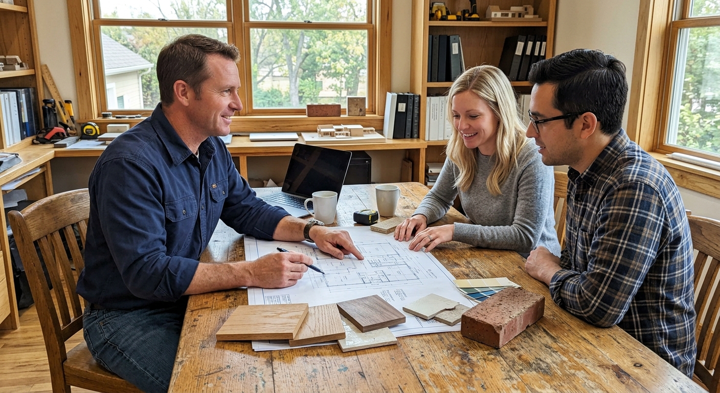 custom home builder meeting with clients reviewing blueprints and materials