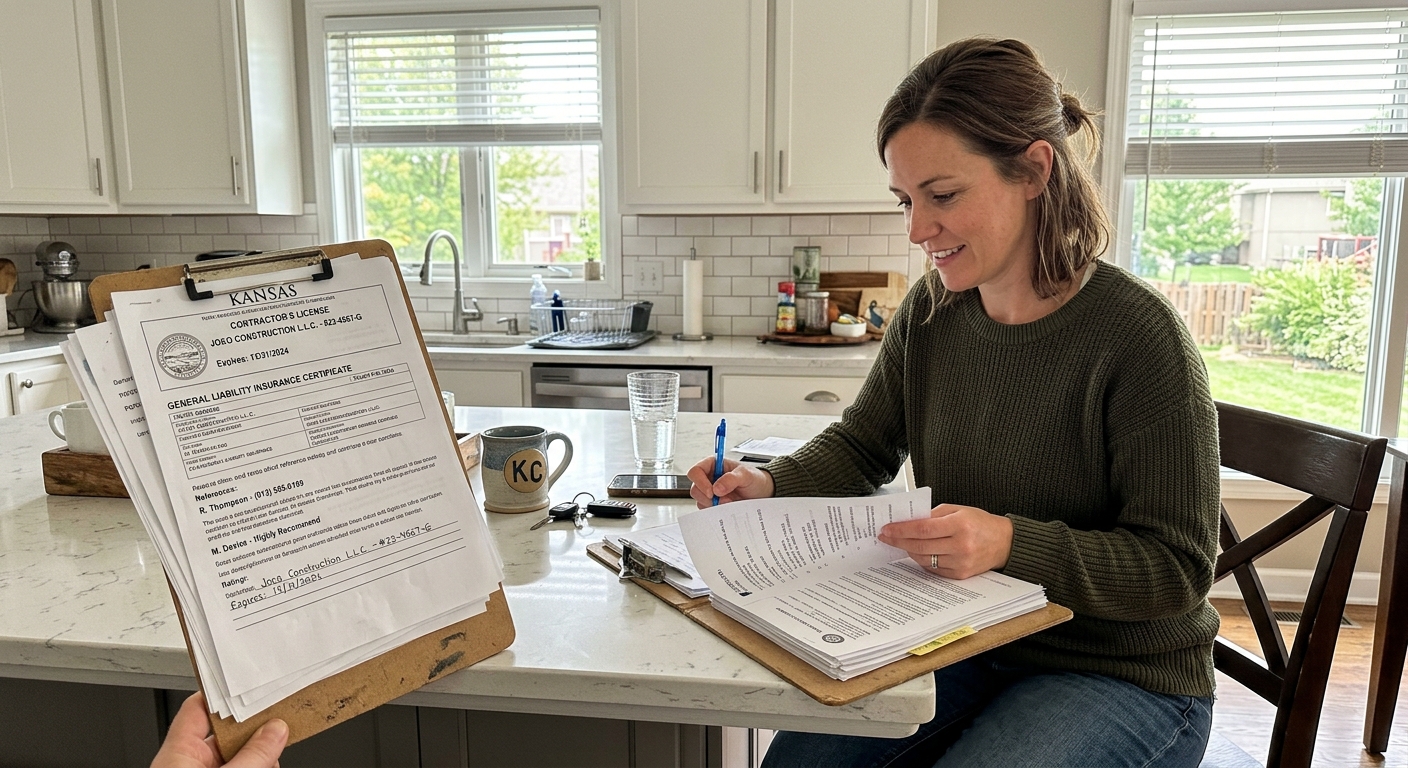 homeowner reviewing contractor credentials and references for basement project