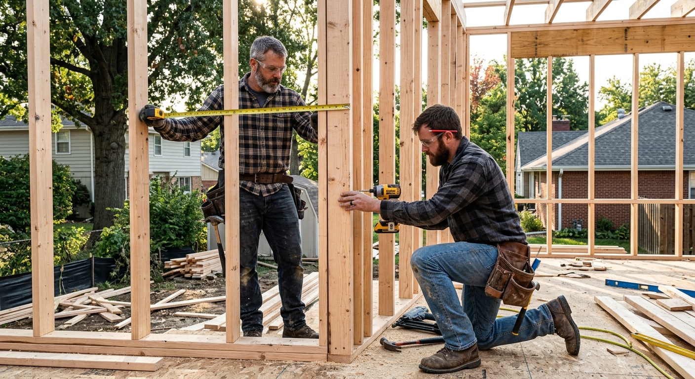 professional construction crew installing structural framing for licensed home addition project