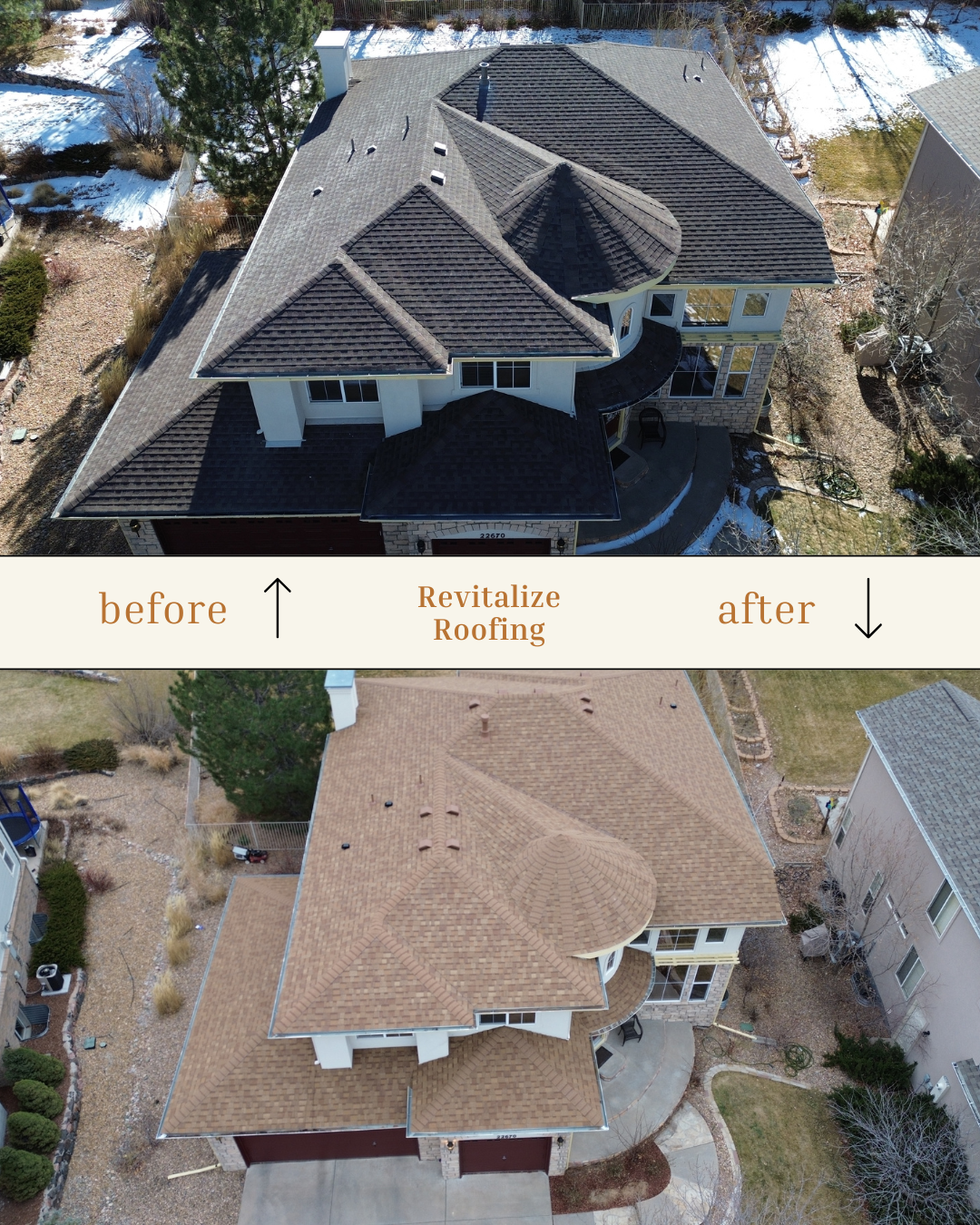 Before and after roof replacement by Revitalize Roofing