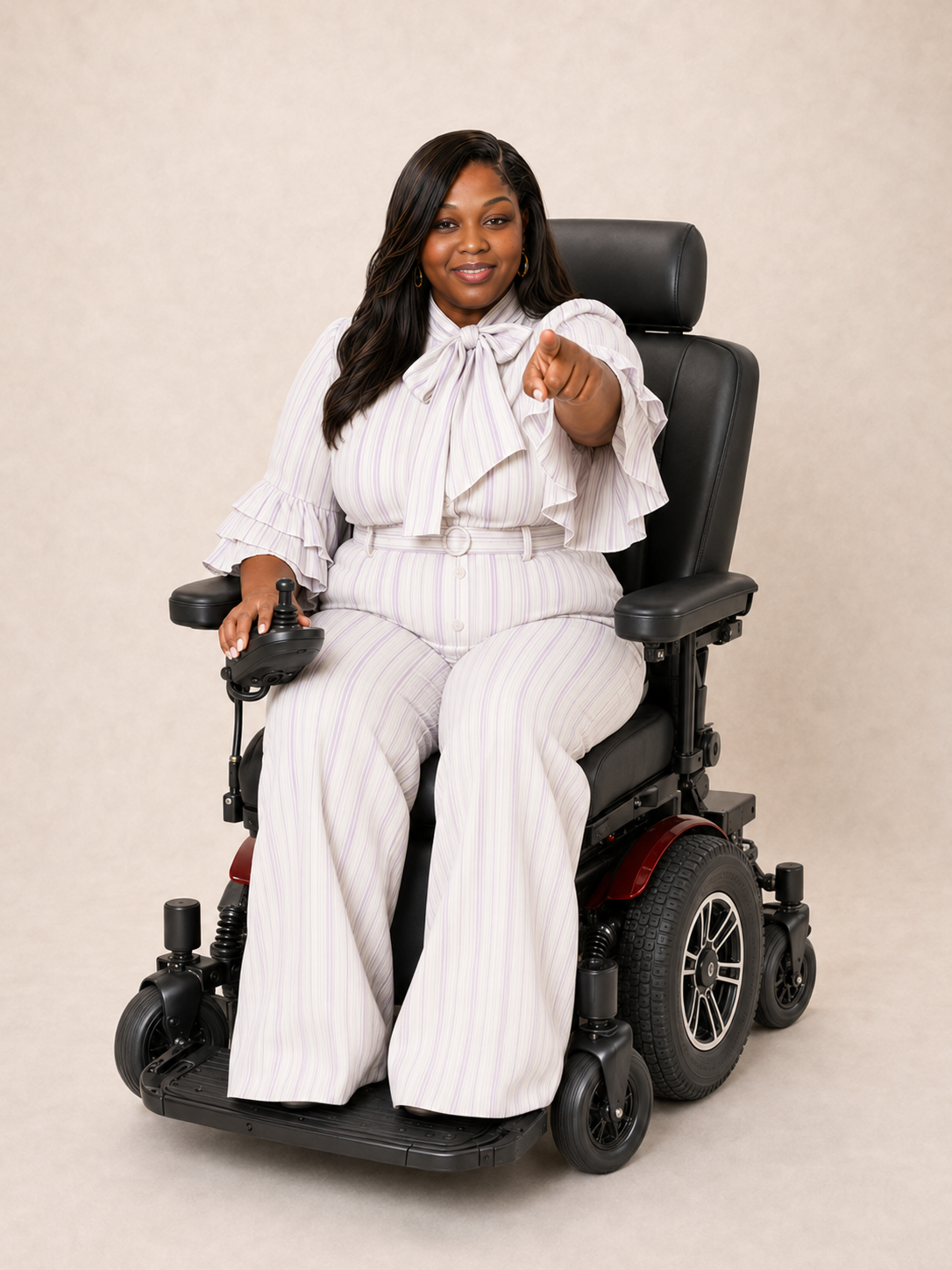 Sherriel Jae seated in her executive wheelchair
