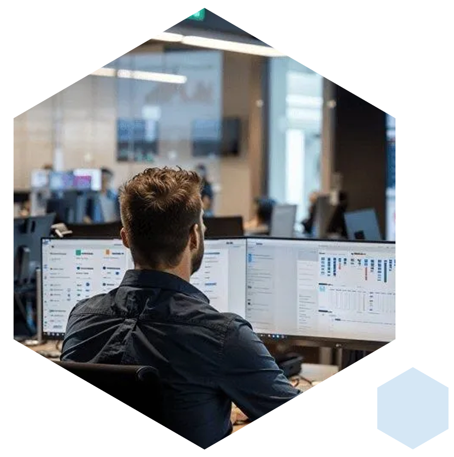 AhelioTech engineer monitoring voice and network systems on dual displays