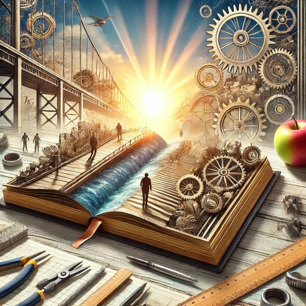 Image Symbolizing a practical guide - open book on desk with compass, ruler and pen