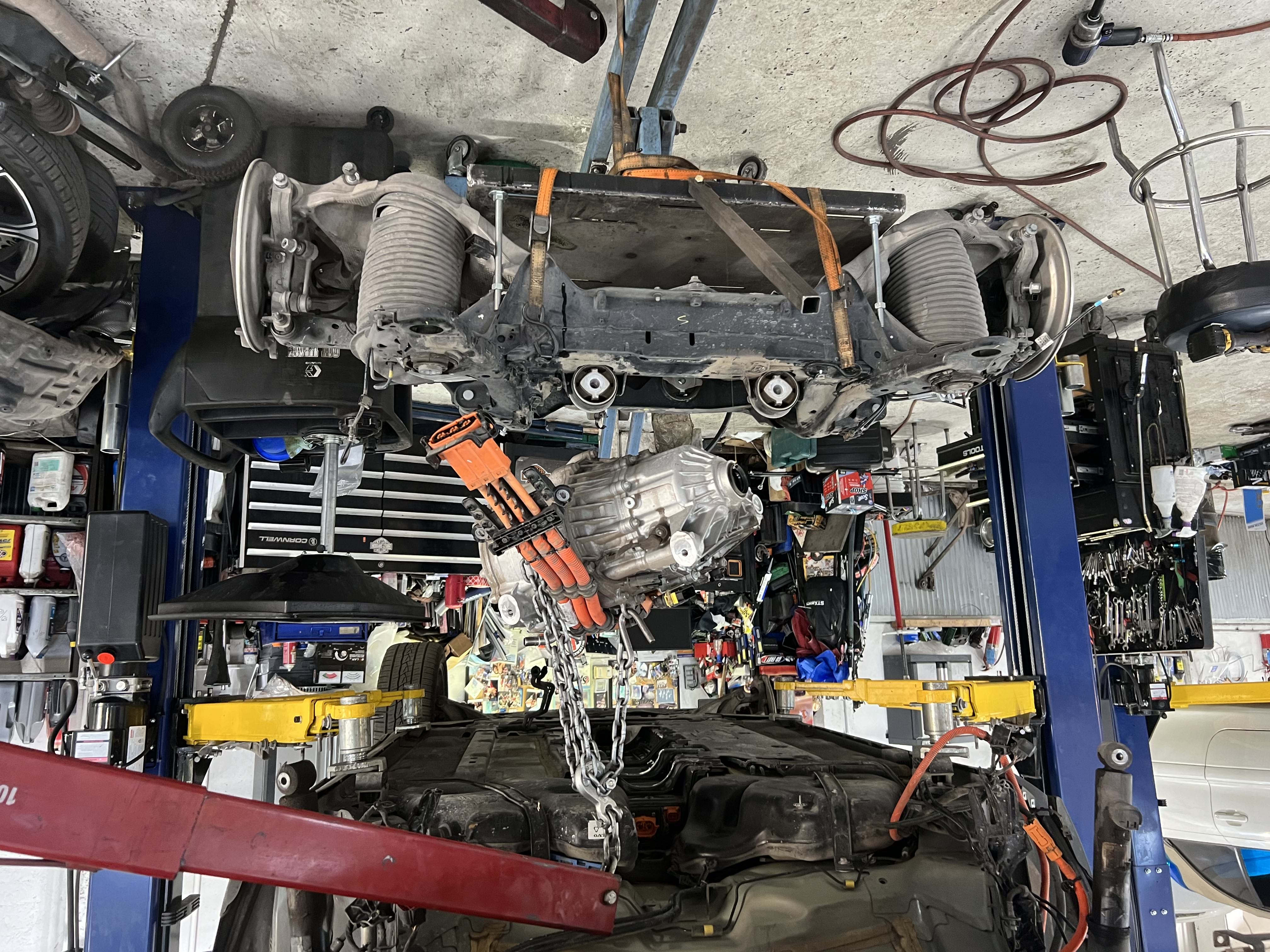 Volvo ERAD Motor removed from Volvo and in technician bay