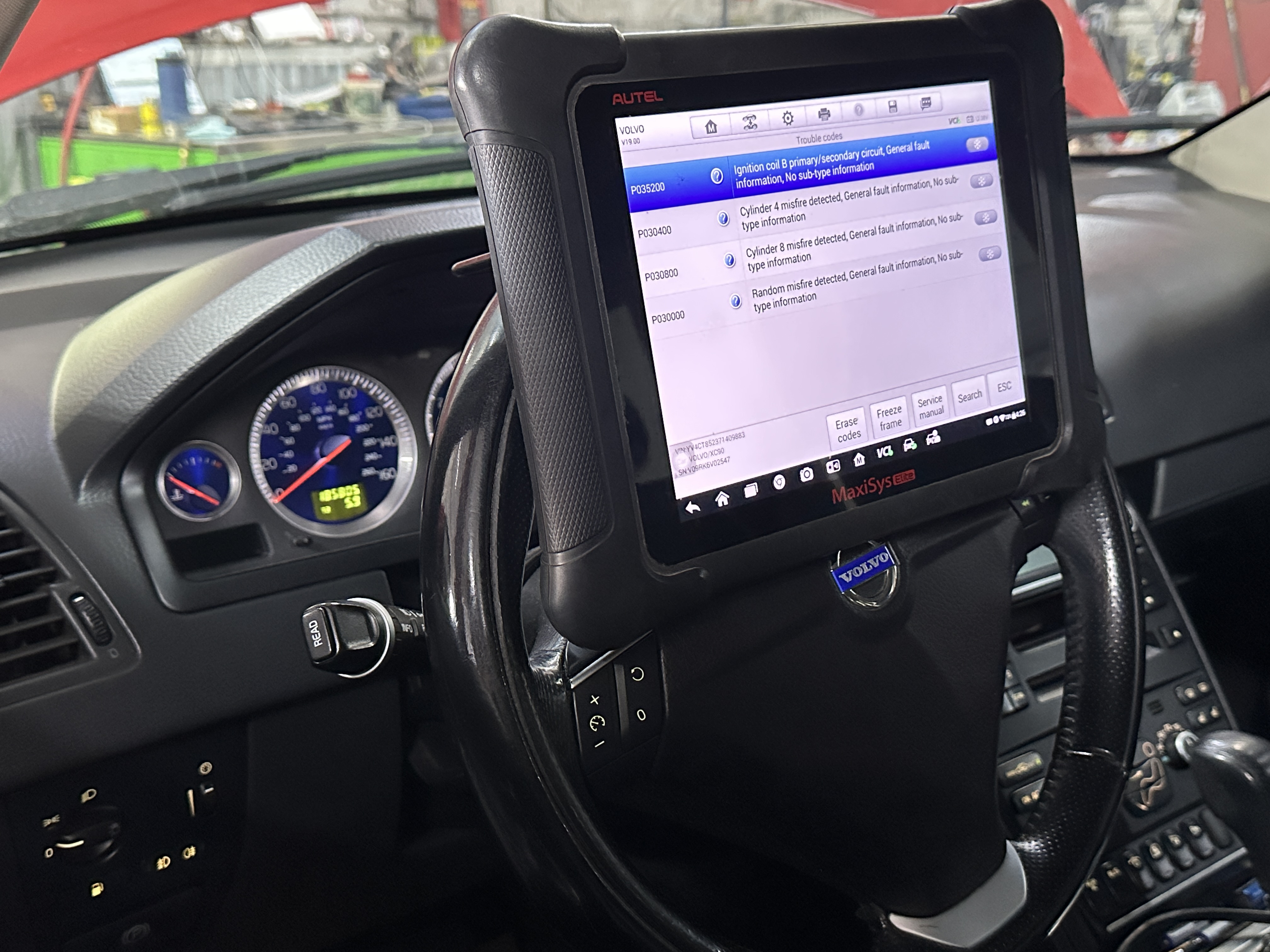Scan tool connected to Volvo to diagnose check engine light and misfire. Scan tool connected to Volvo to diagnose check engine light and misfire.