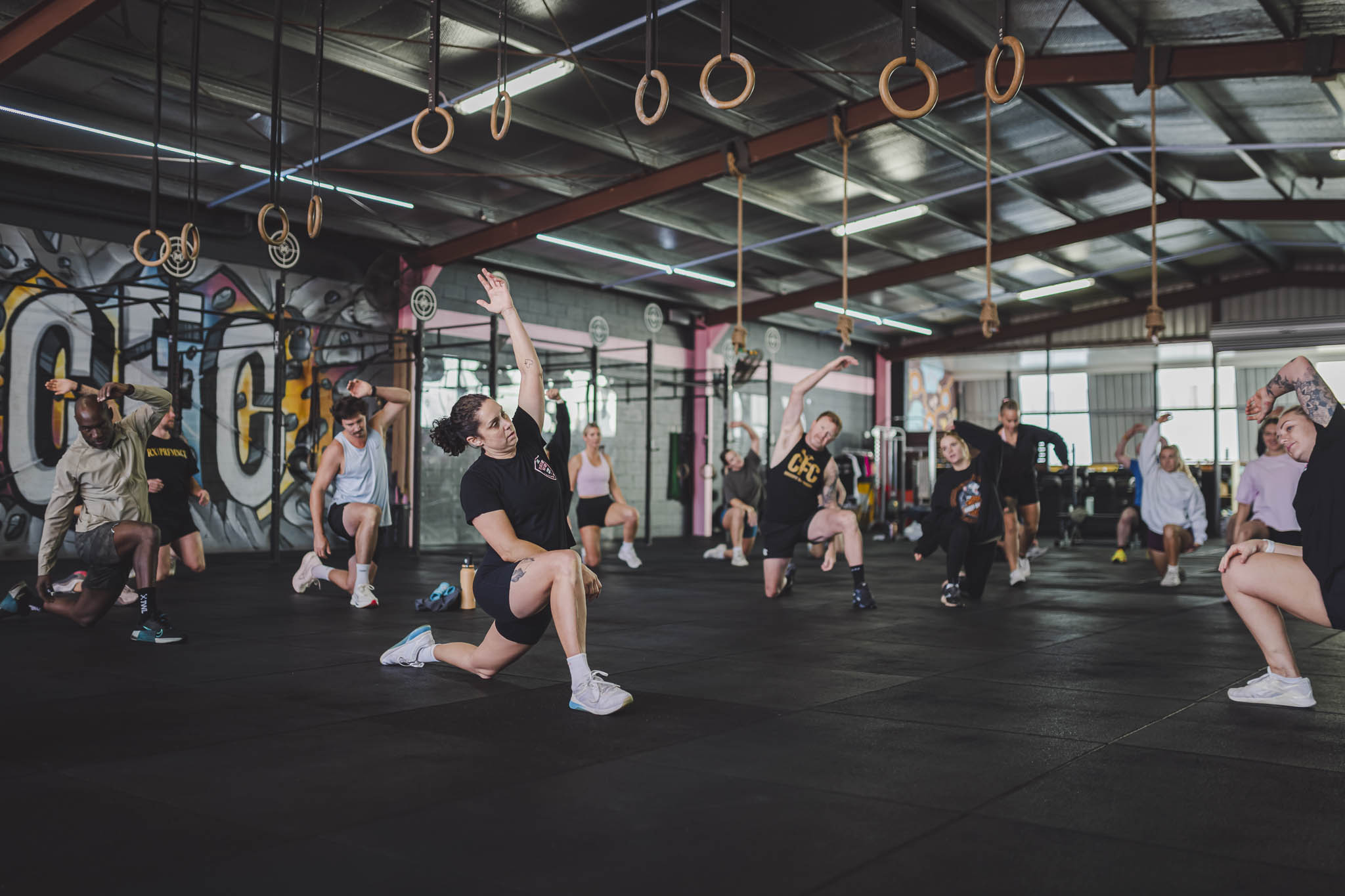 A class working through lunges