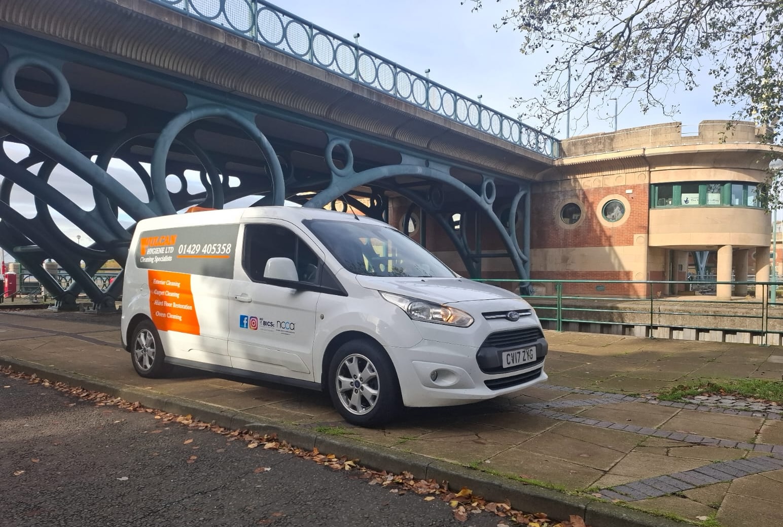 Vh Services van parked in front of Tees Barrage Bridge