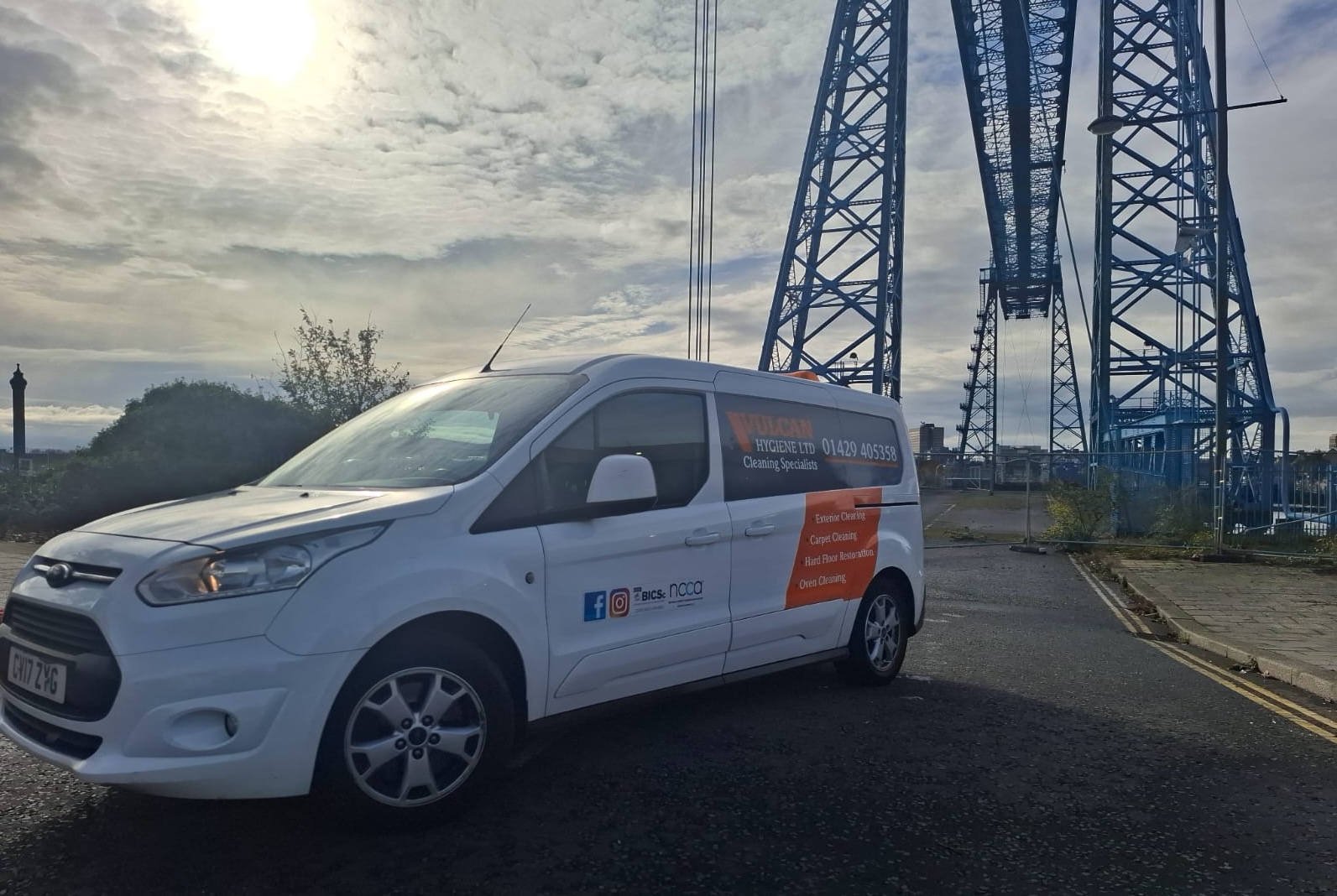 Vh Services van parked in front of Transporter Bridge Middlesbrough