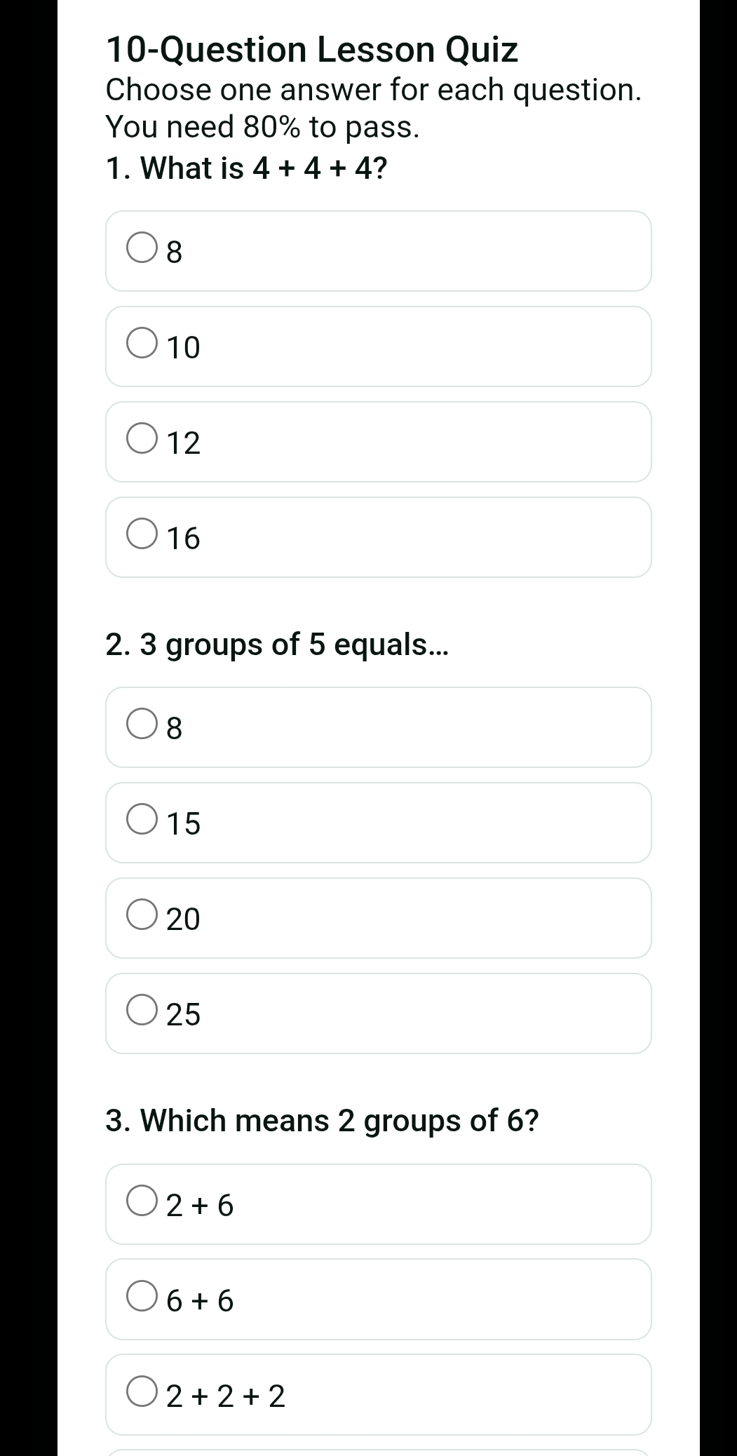 TUFF 10-question multiplication quiz with multiple-choice answers