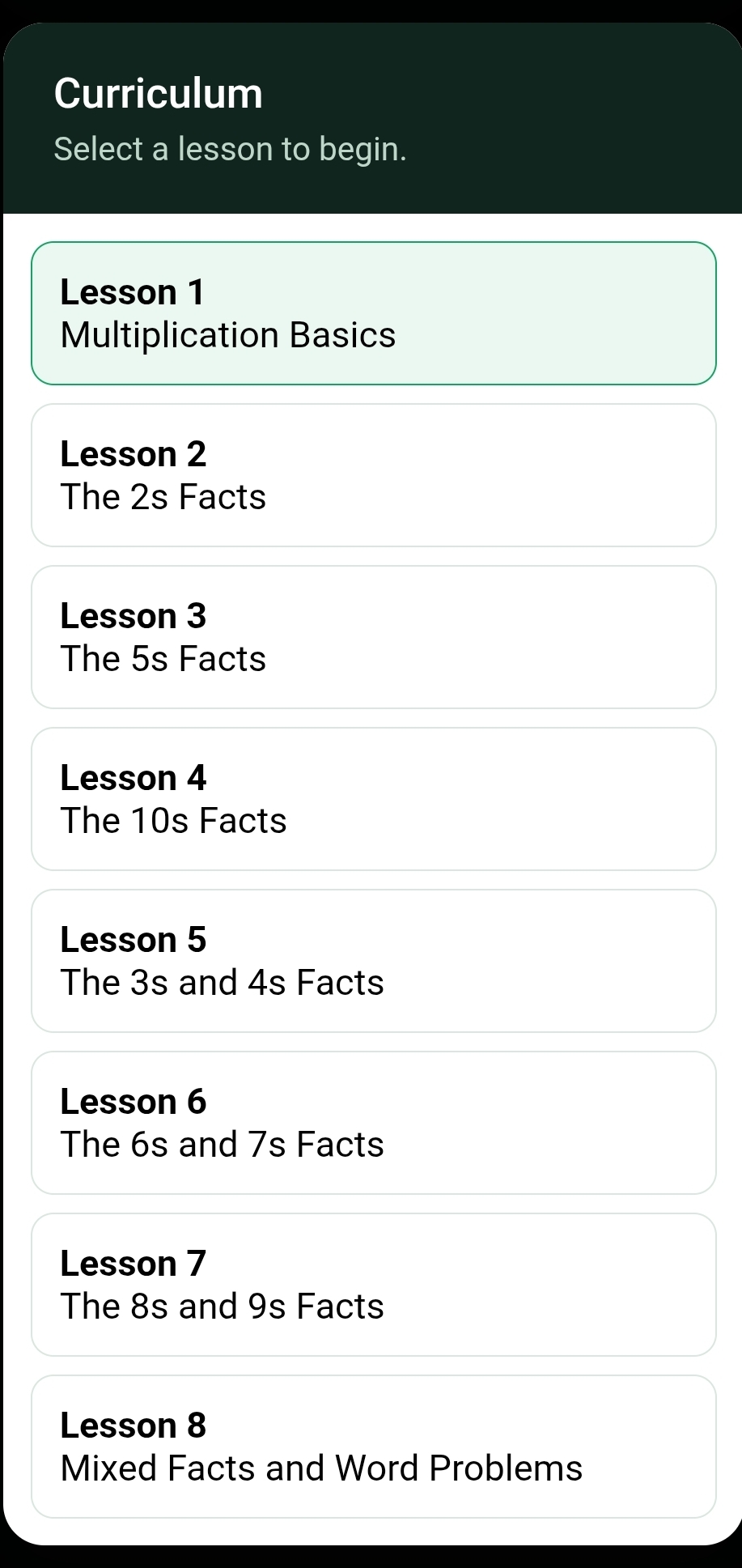 TUFF curriculum menu showing multiplication lessons and times-table topics
