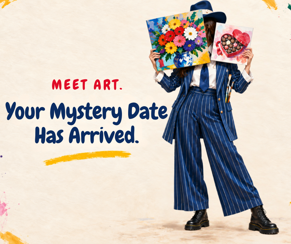 A person holding two surprise paintings in front of their face for Blind Date With Art